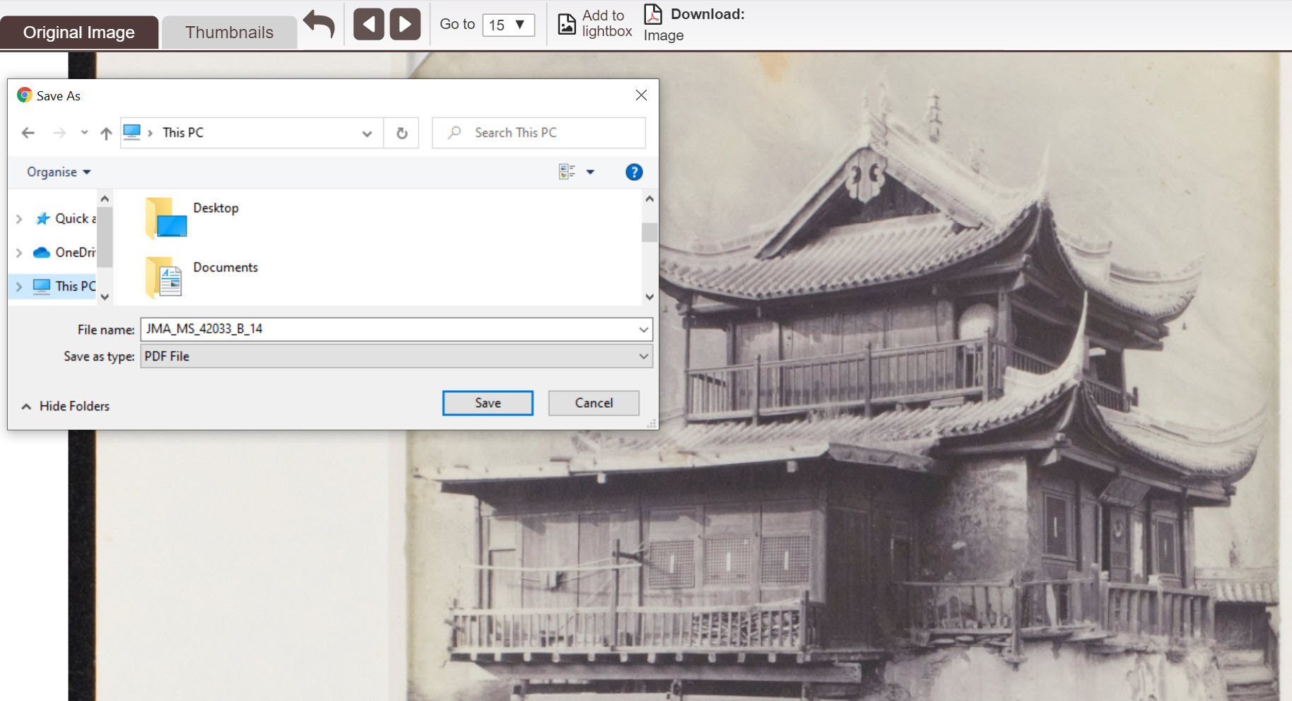 Screenshot of the image viewer, with a pop-up to select location for PDF download